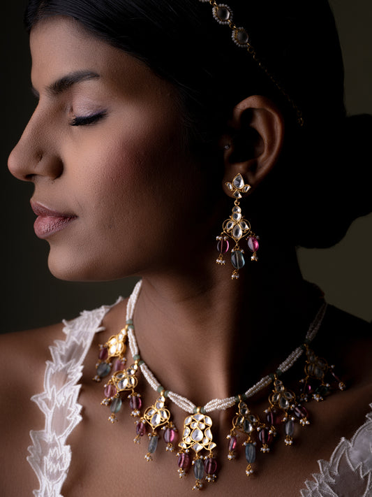 Silver Gulbagh Polki Necklace with Earrings