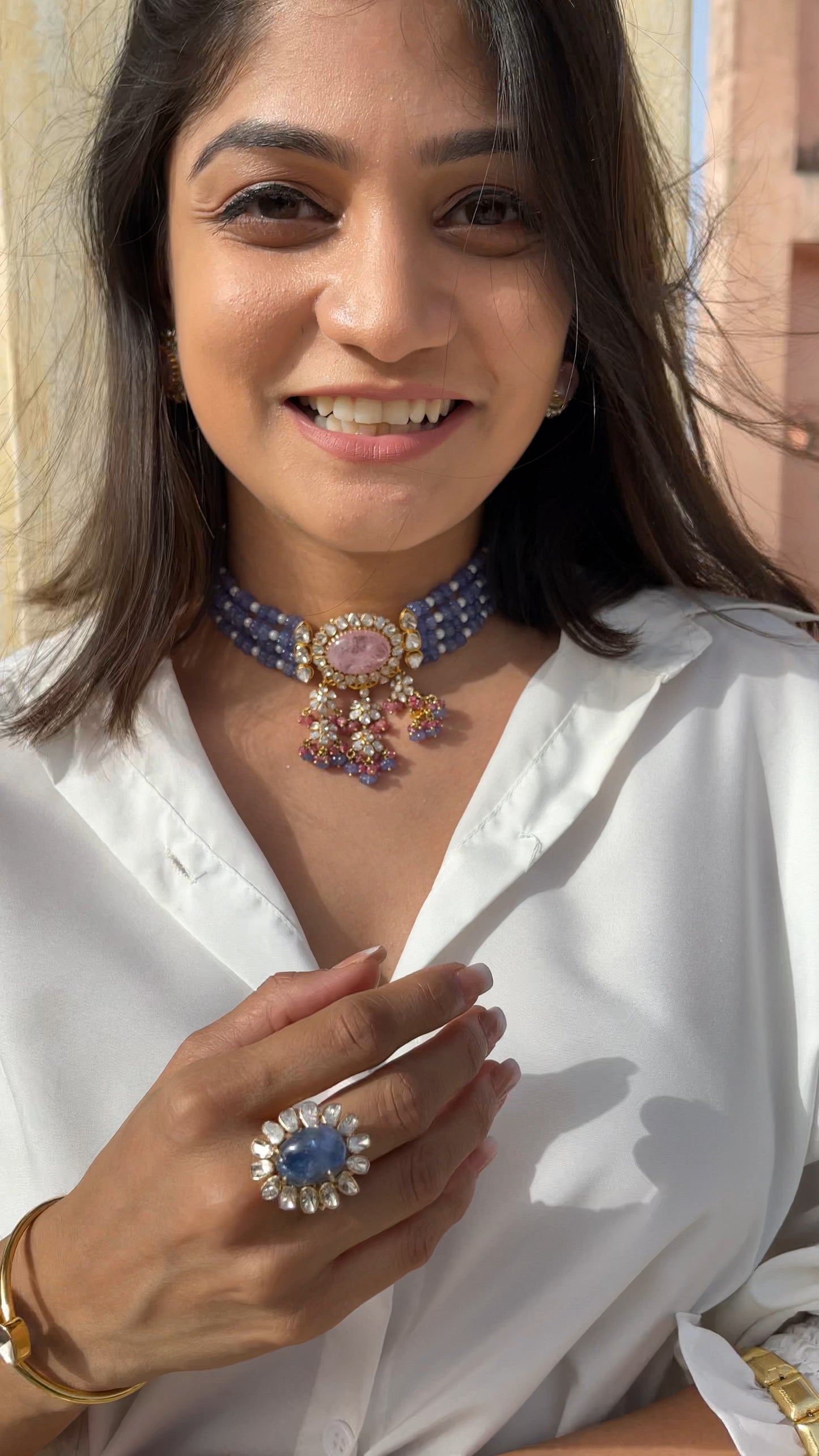 14kt Gold Choker in Morganite & Polki