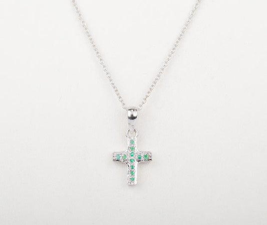 Silver Emerald Studded Cross Pendant