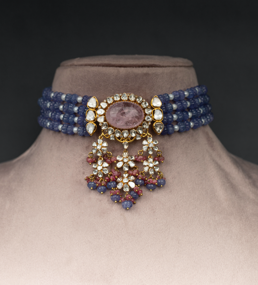 14kt Gold Choker in Morganite & Polki