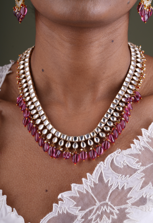 Silver Gulmukh Polki Necklace with Earrings