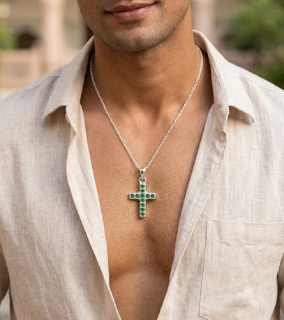 Silver Emerald Studded Cross Pendant