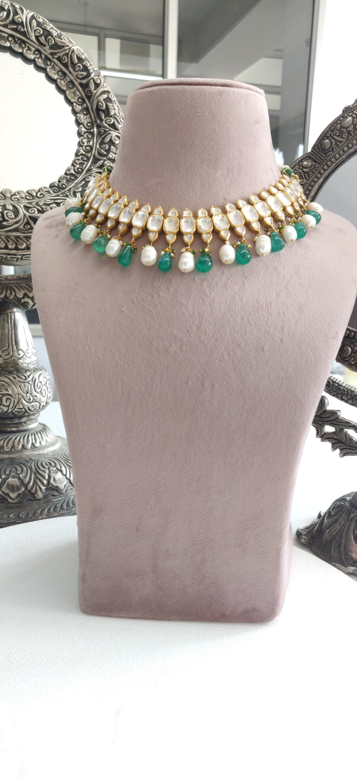 Silver Noori Polki Necklace Set with Earring