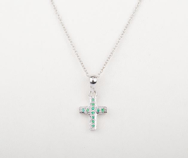 Silver Emerald Studded Cross Pendant