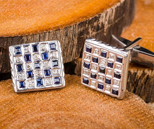Silver Blue Checkered Cufflink